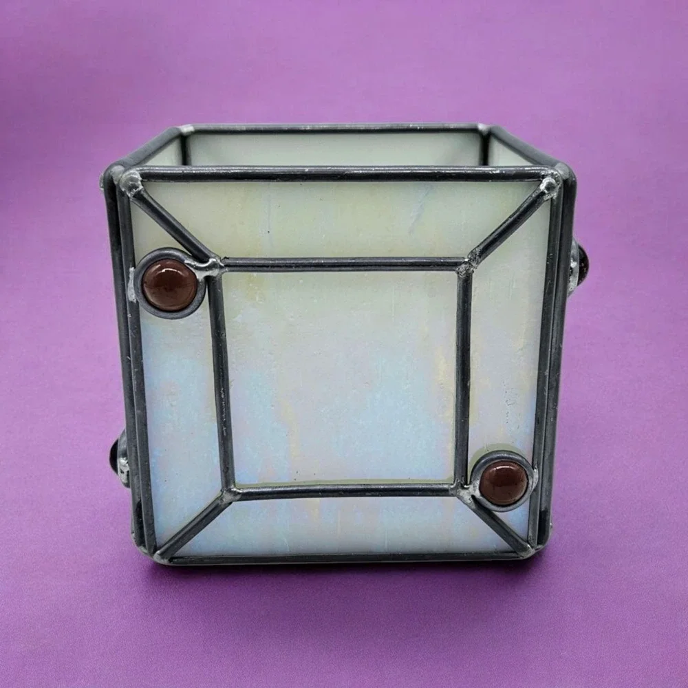 Stained Glass Leaded Square Candle Holder White Iridescent Purple Pink 3.5